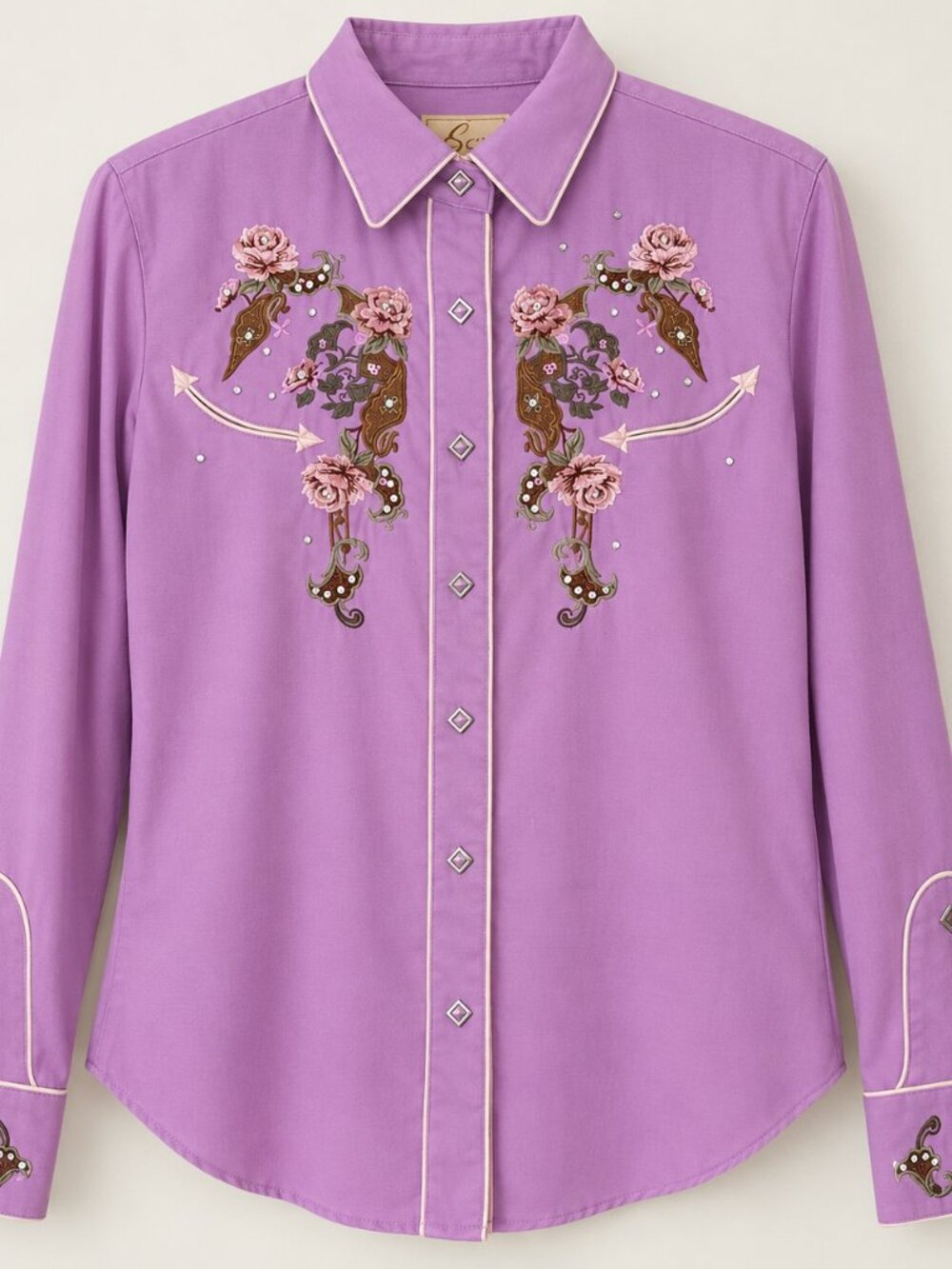 Scully Pink Floral Embroidered Western Pearl Snap Shirt L